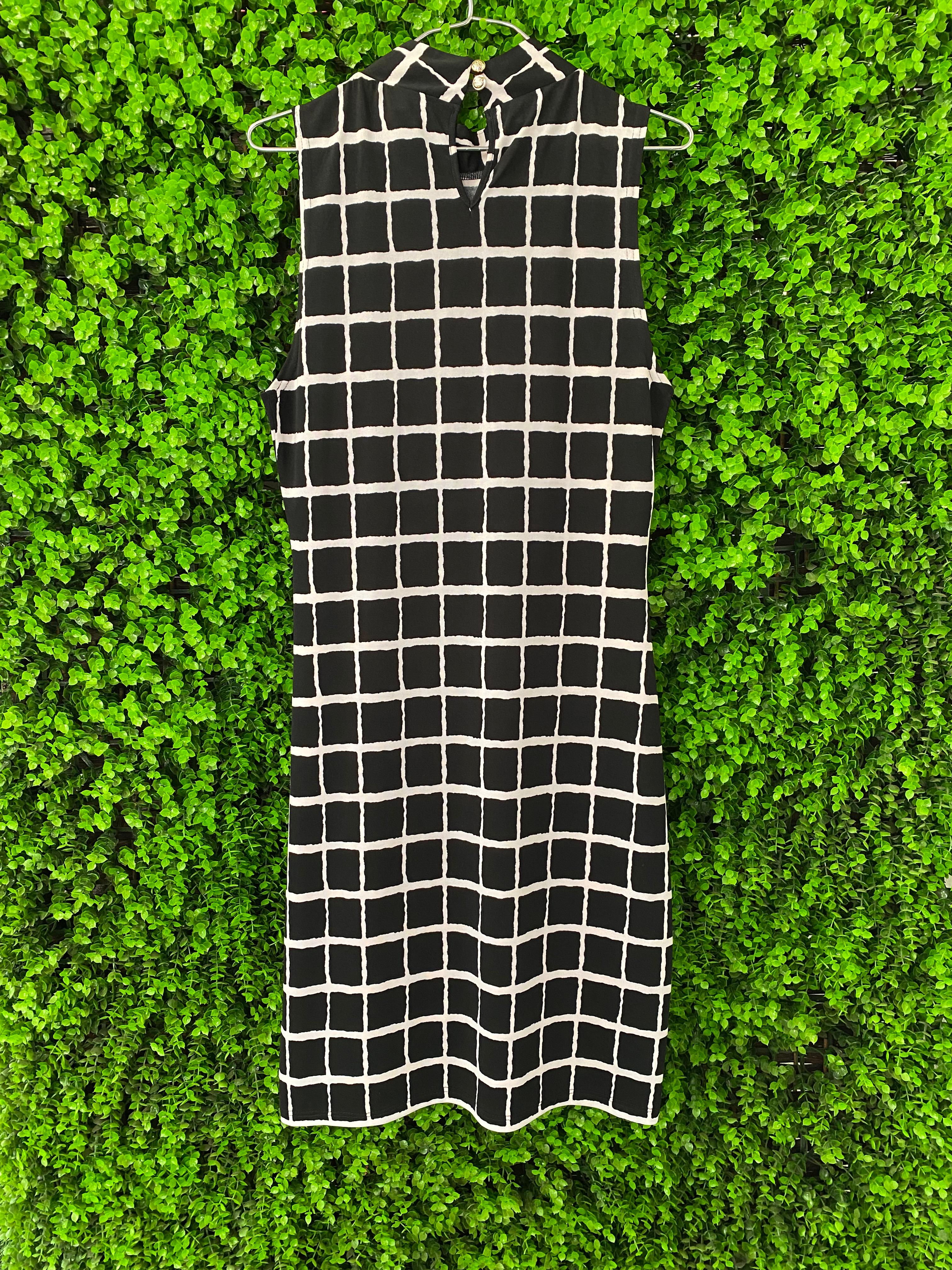 Revenge Black and Ivory Grid-Print Midi Dress
