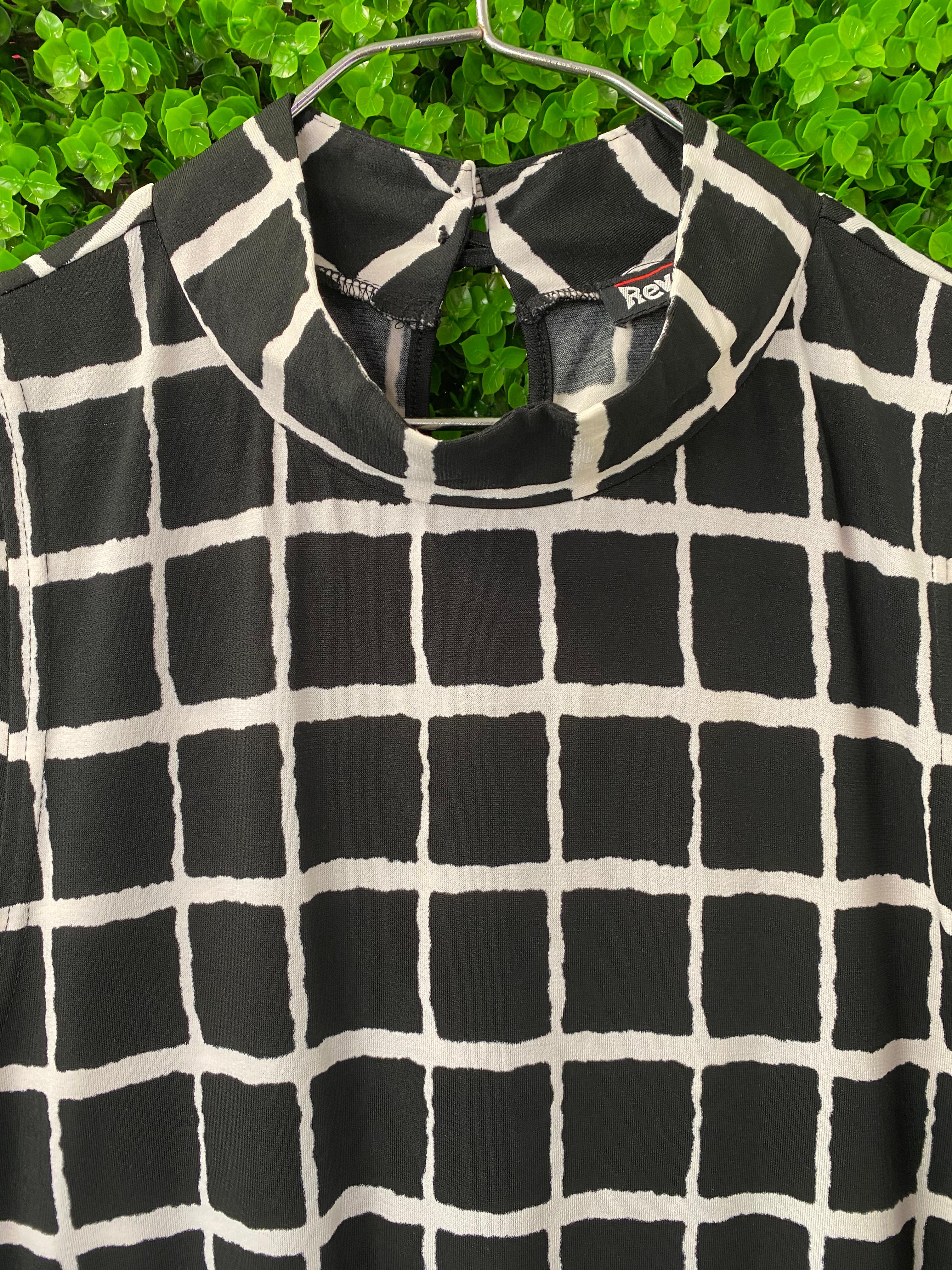 Revenge Black and Ivory Grid-Print Midi Dress