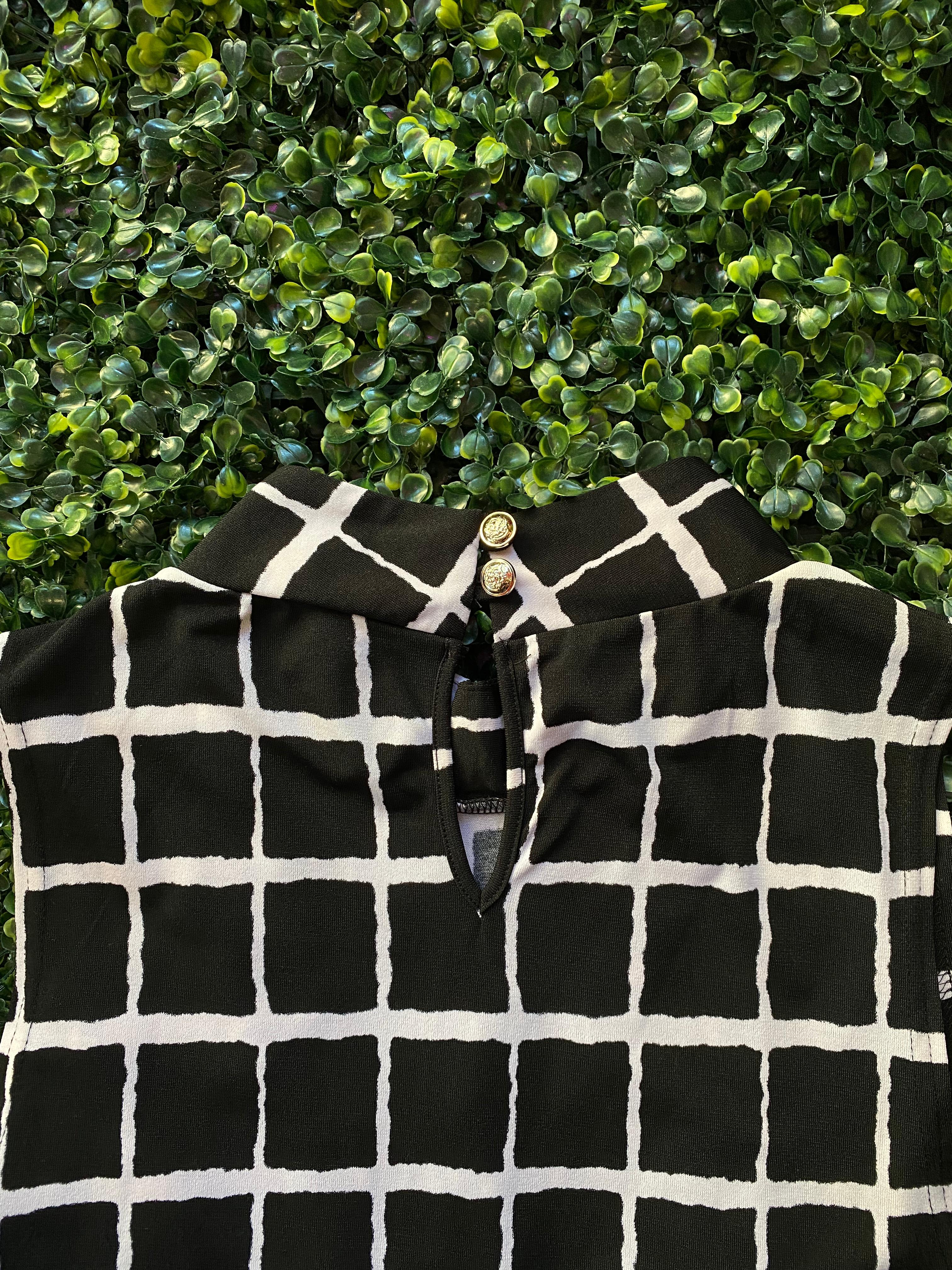 Revenge Black and Ivory Grid-Print Midi Dress