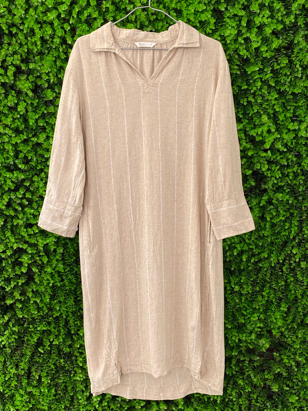 Fresh Beige Striped Linen-Blend Shirt Dress