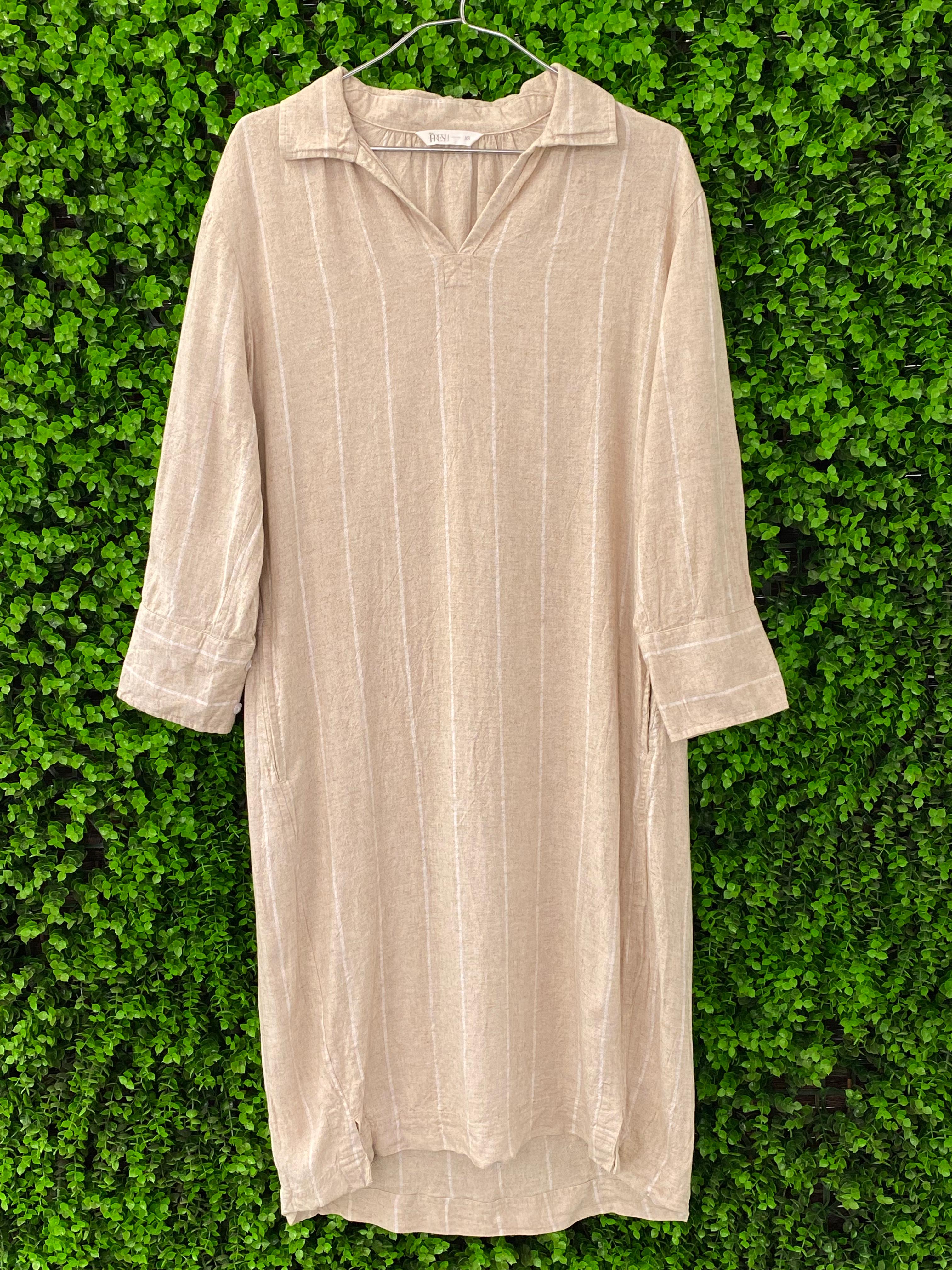 Fresh Beige Striped Linen-Blend Shirt Dress