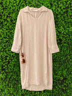 Fresh Beige Striped Linen-Blend Shirt Dress