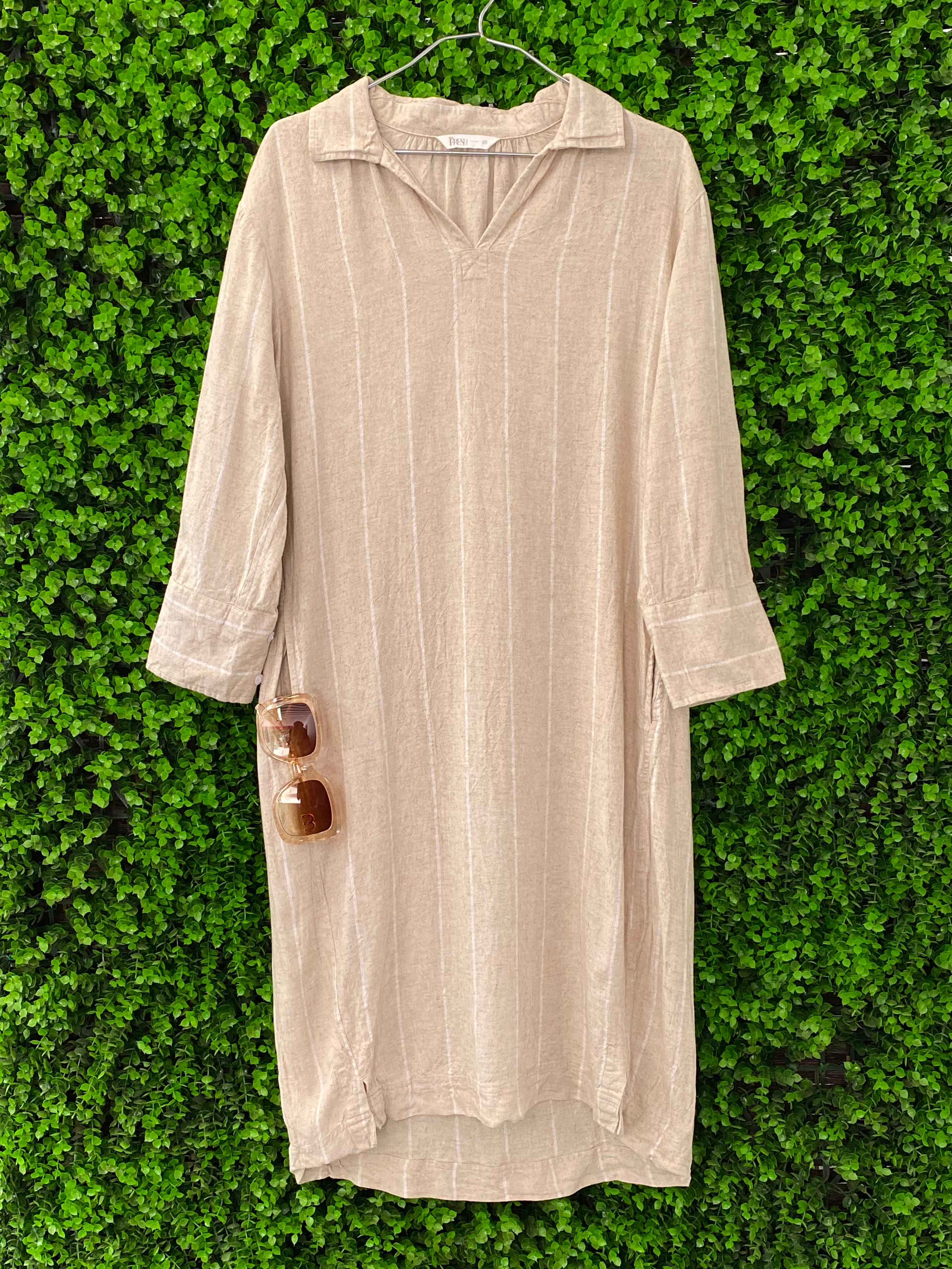Fresh Beige Striped Linen-Blend Shirt Dress