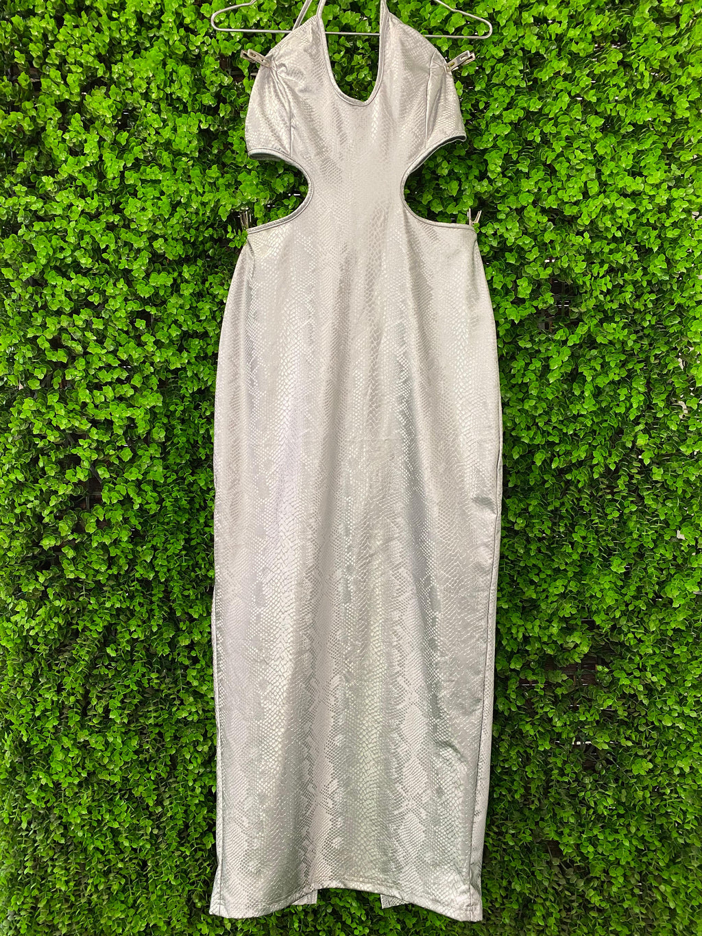 Silver Snakeskin Cut-Out Maxi Dress