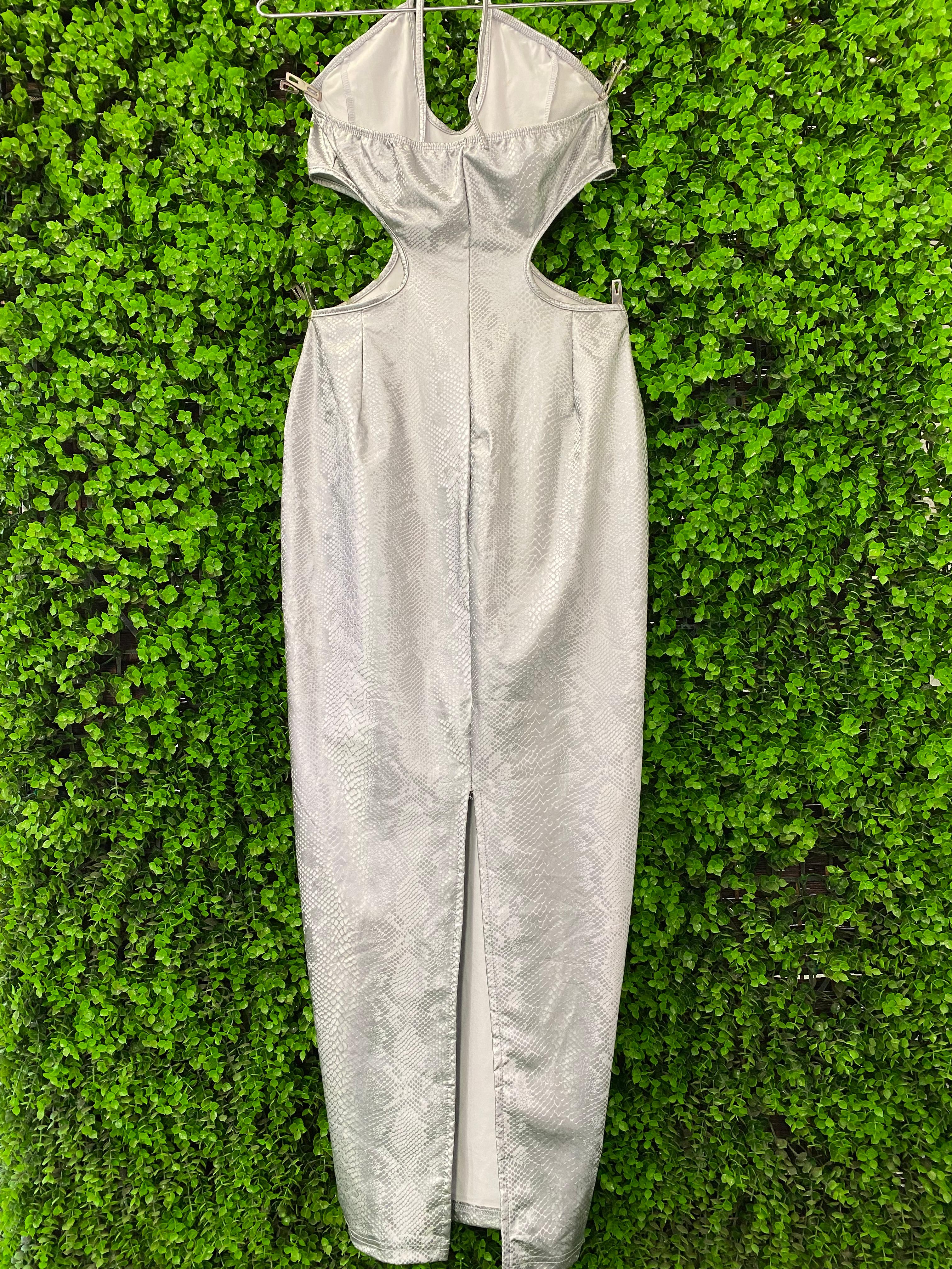 Silver Snakeskin Cut-Out Maxi Dress