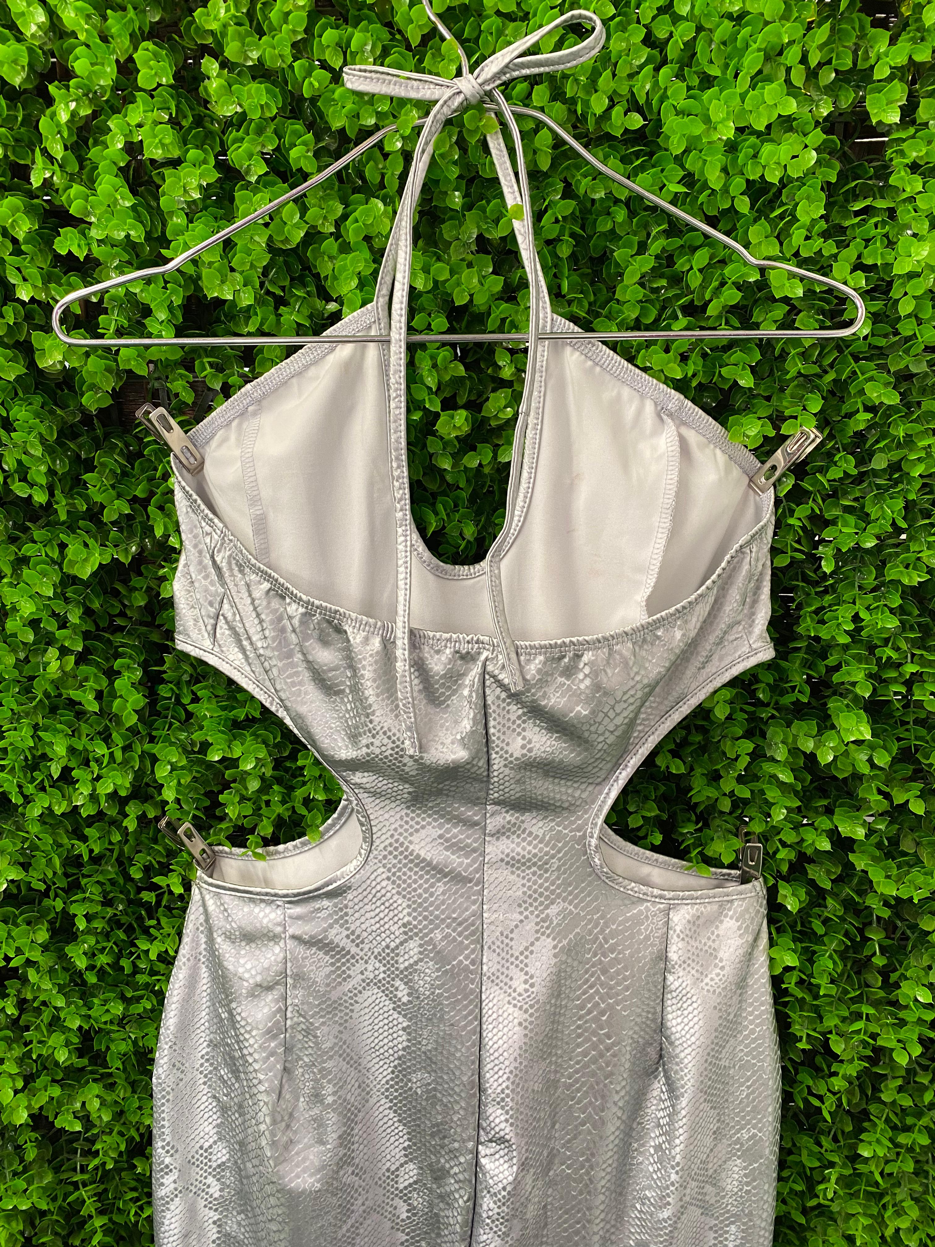 Silver Snakeskin Cut-Out Maxi Dress