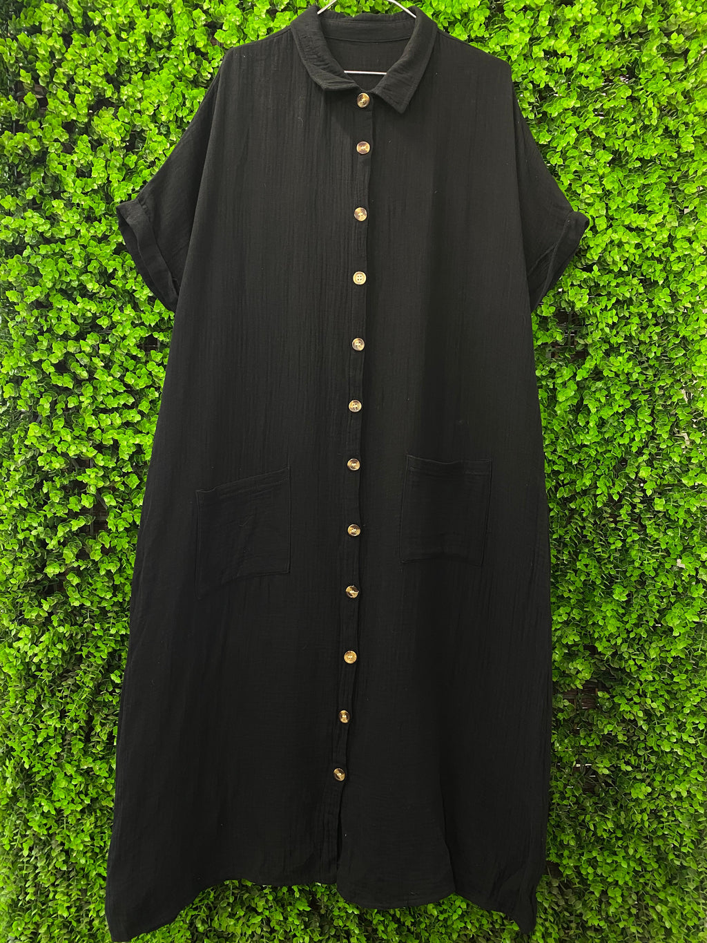 Black Button-Front Maxi Shirt Dress
