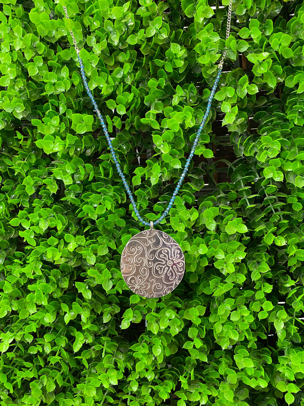 Blue Beaded Floral Medallion Necklace