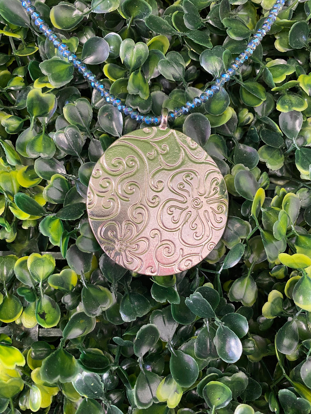 Blue Beaded Floral Medallion Necklace