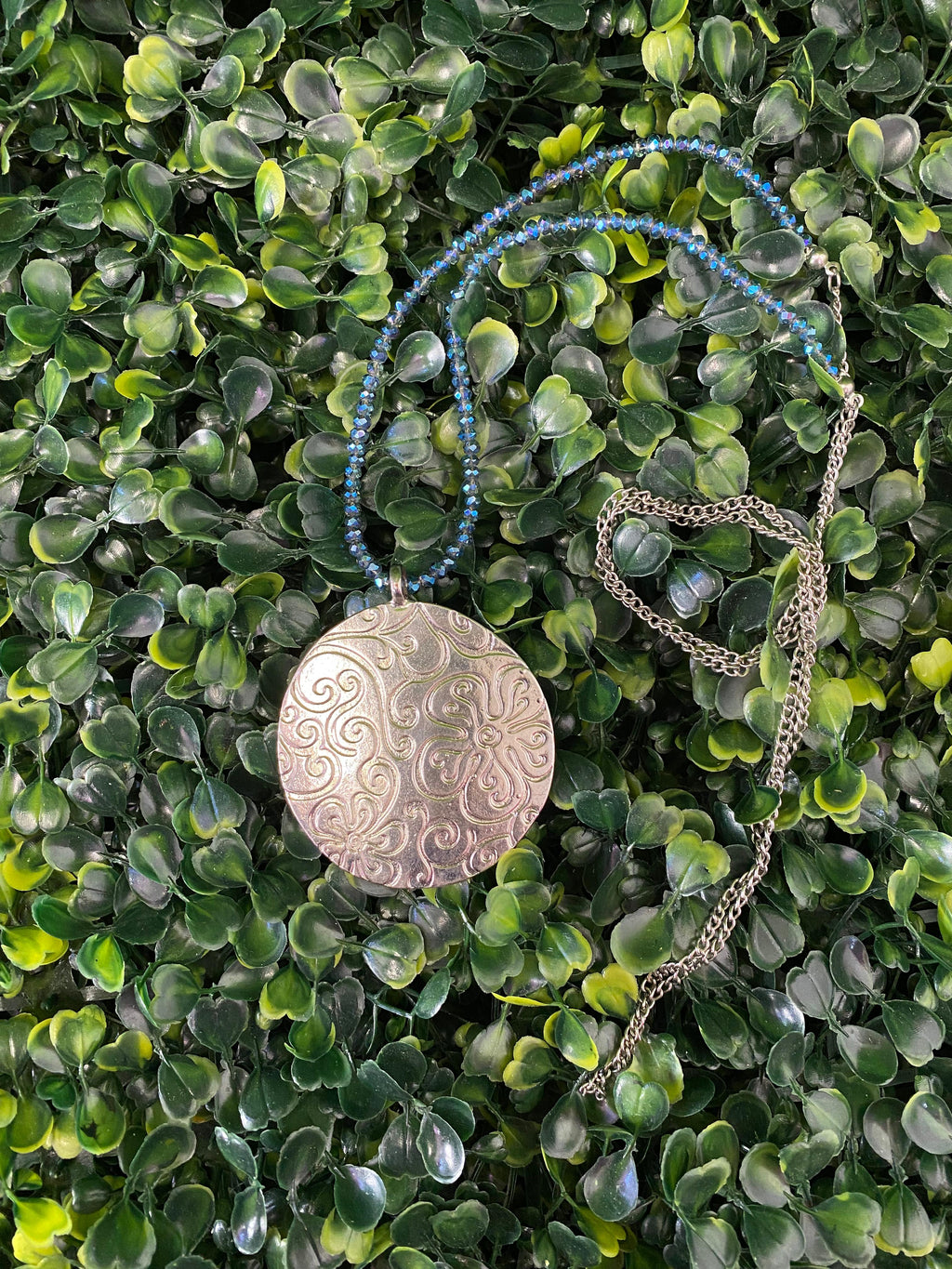 Blue Beaded Floral Medallion Necklace