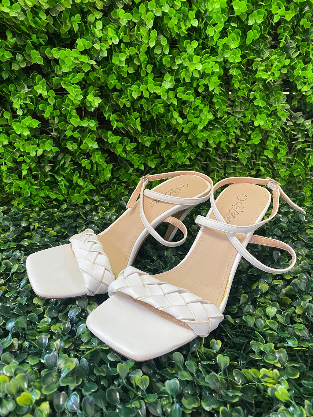 Miss Black White Braided Strap Heels