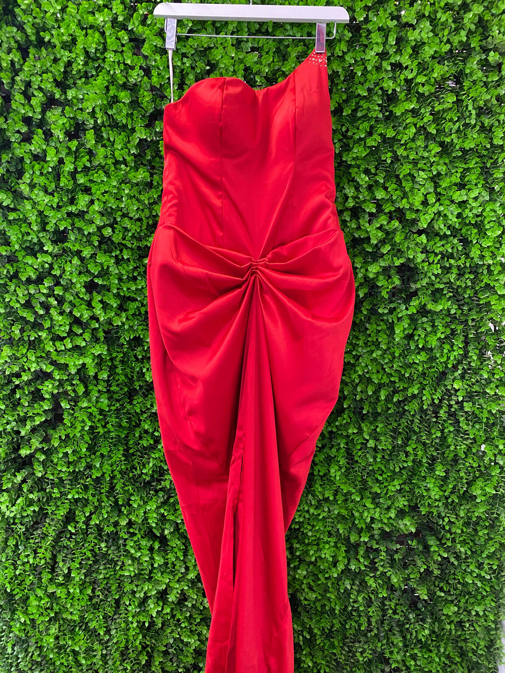 Kany Kouture Red Satin Asymmetrical Strapless Dress