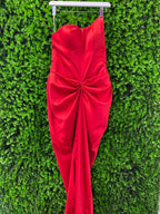Kany Kouture Red Satin Asymmetrical Strapless Dress