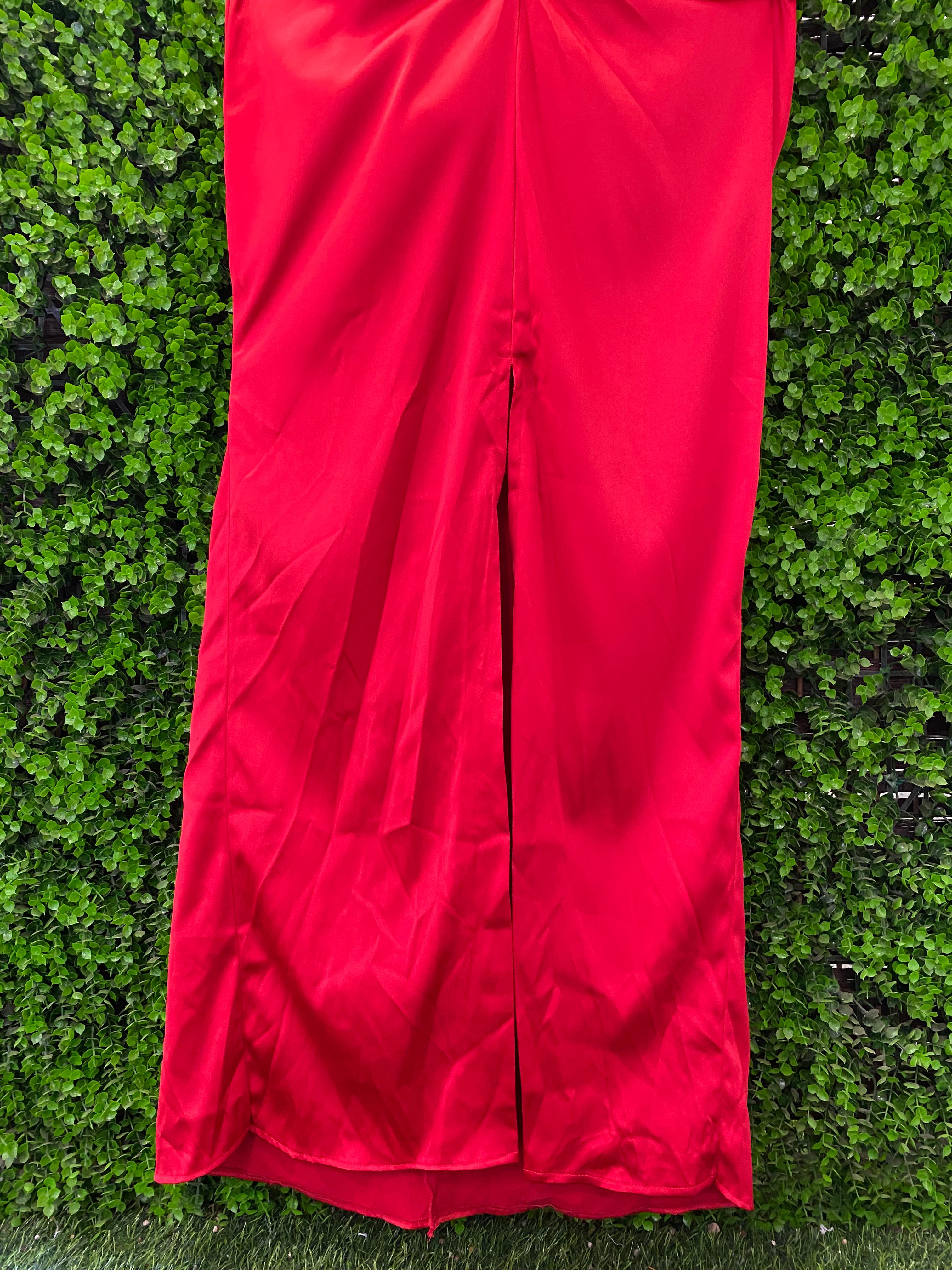 Kany Kouture Red Satin Asymmetrical Strapless Dress