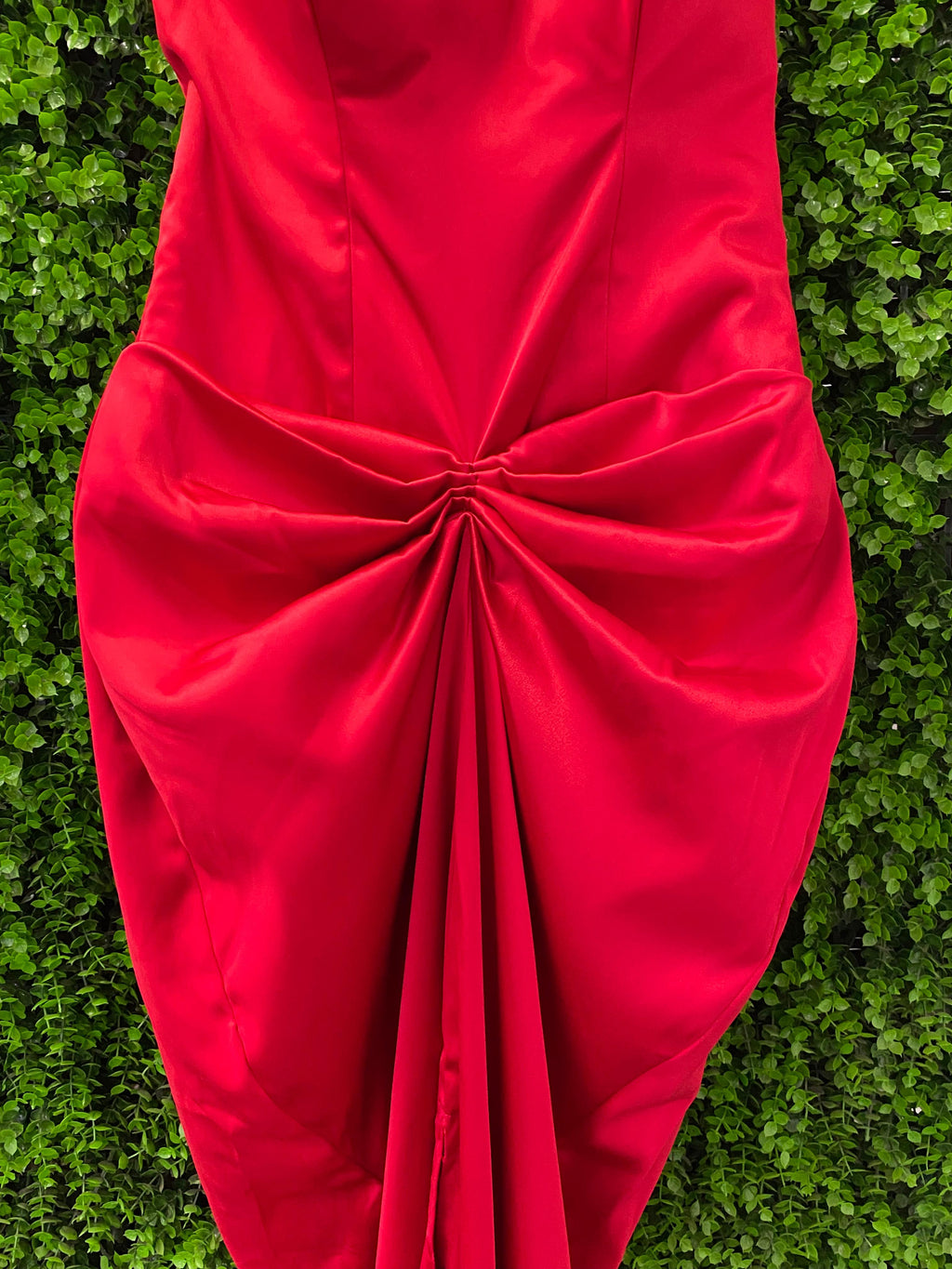 Kany Kouture Red Satin Asymmetrical Strapless Dress
