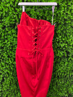 Kany Kouture Red Satin Asymmetrical Strapless Dress