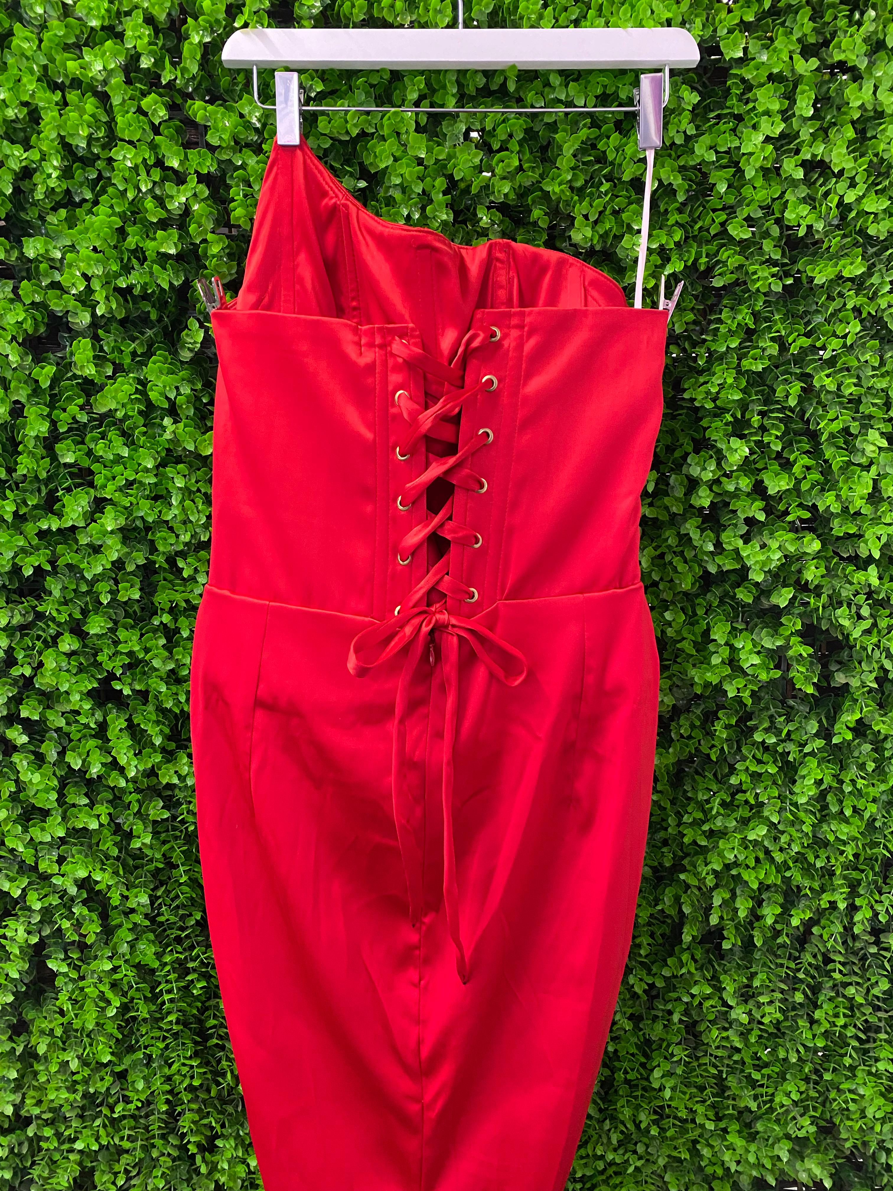 Kany Kouture Red Satin Asymmetrical Strapless Dress