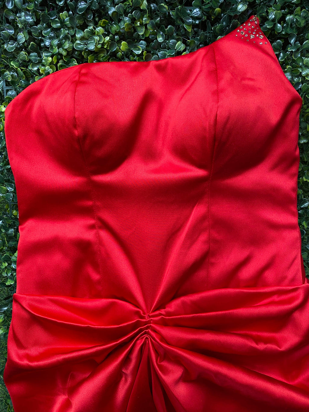 Kany Kouture Red Satin Asymmetrical Strapless Dress