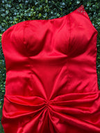 Kany Kouture Red Satin Asymmetrical Strapless Dress