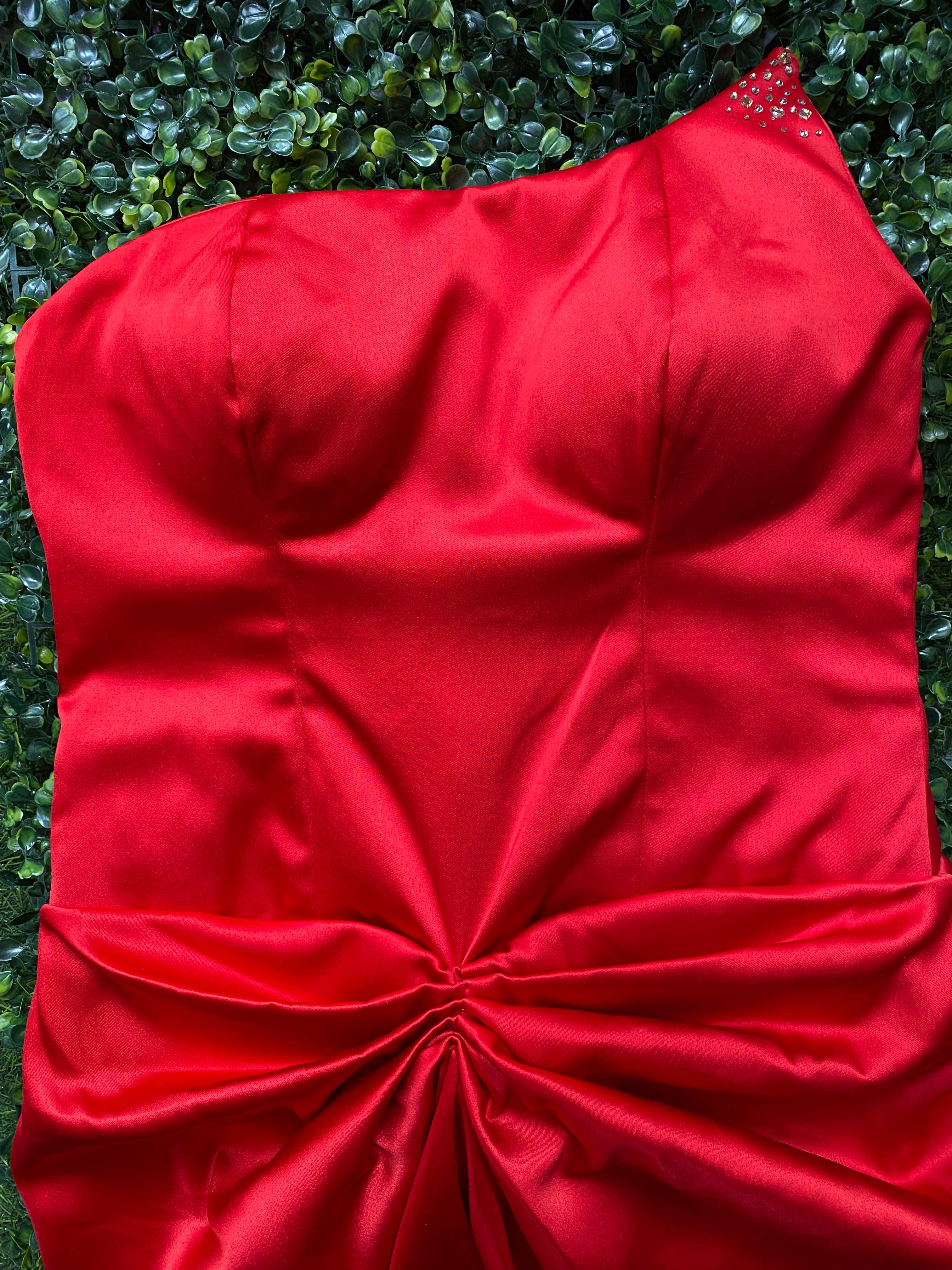 Kany Kouture Red Satin Asymmetrical Strapless Dress