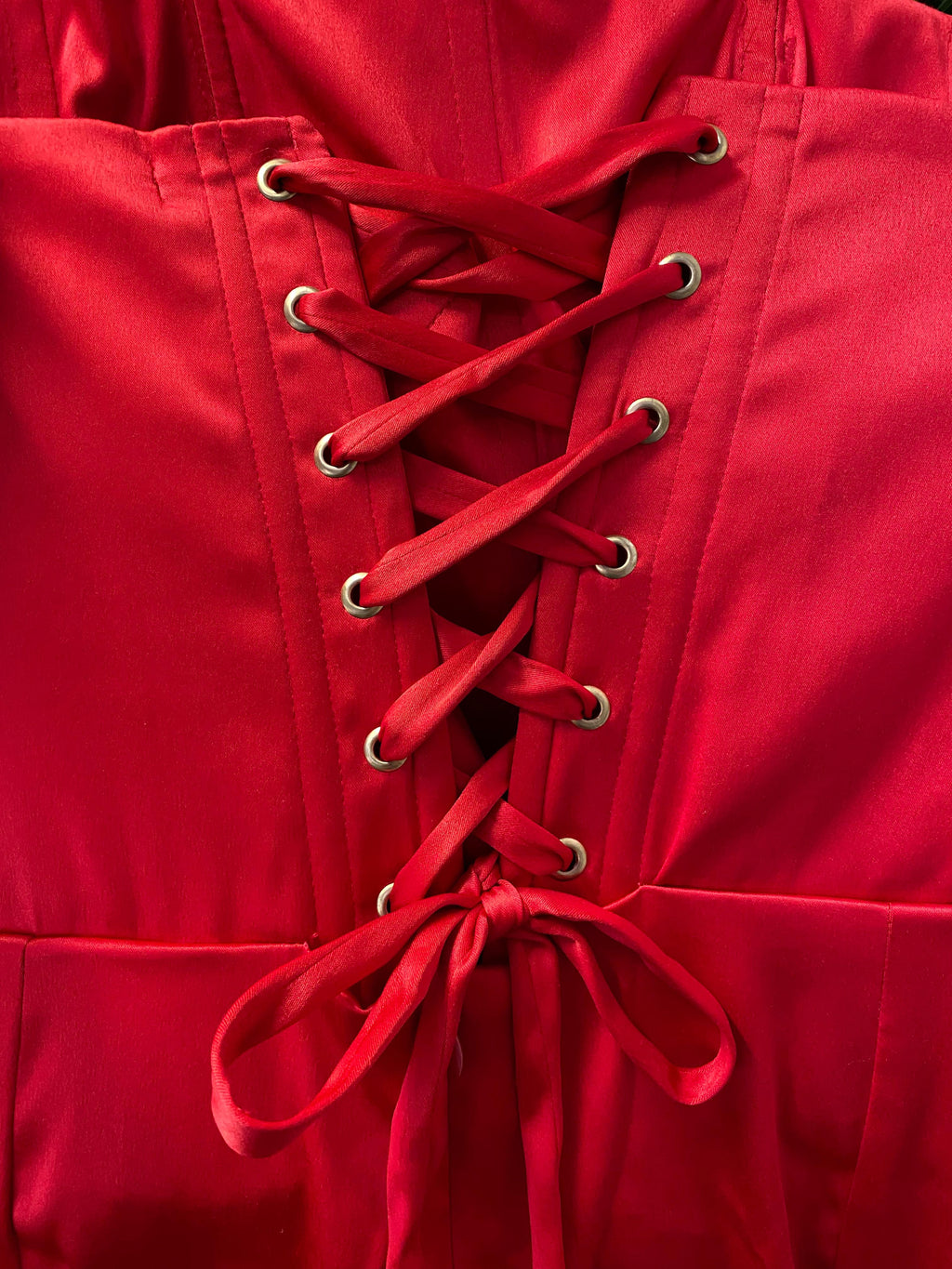 Kany Kouture Red Satin Asymmetrical Strapless Dress
