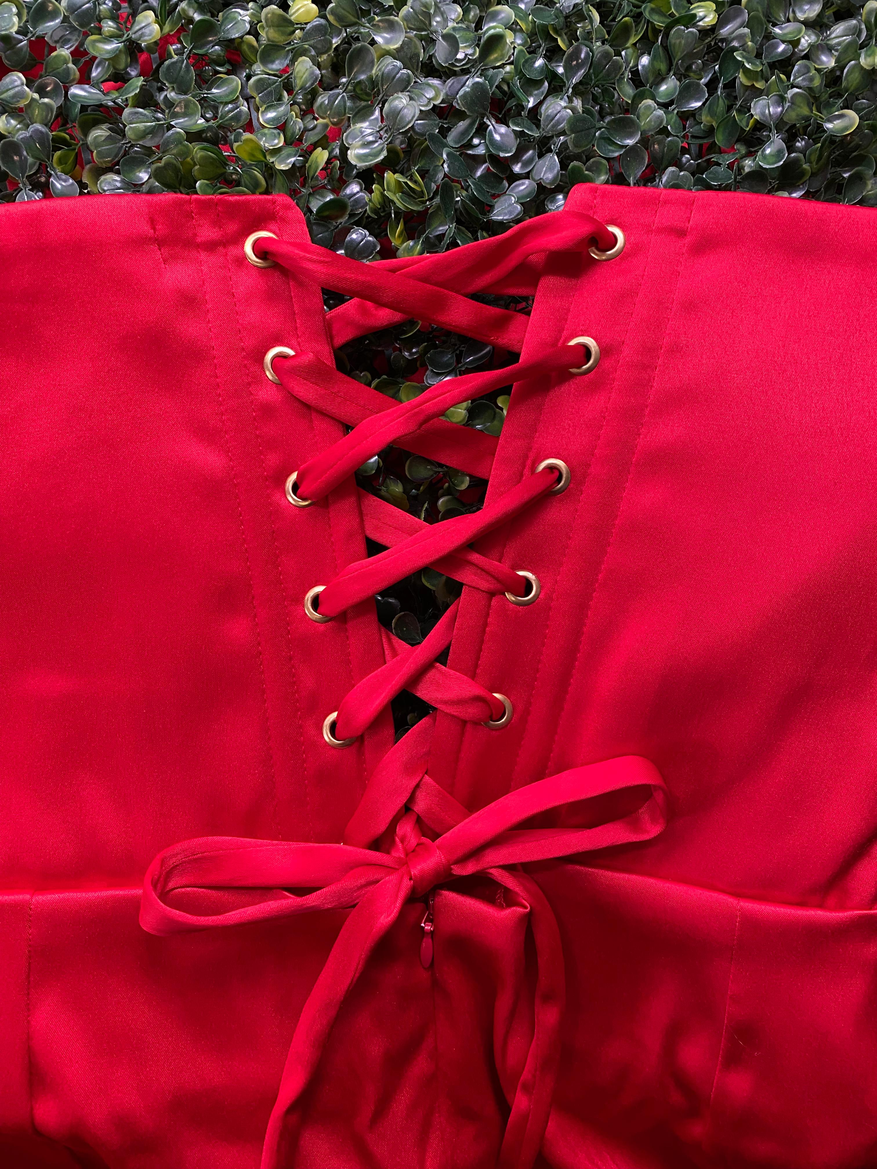 Kany Kouture Red Satin Asymmetrical Strapless Dress