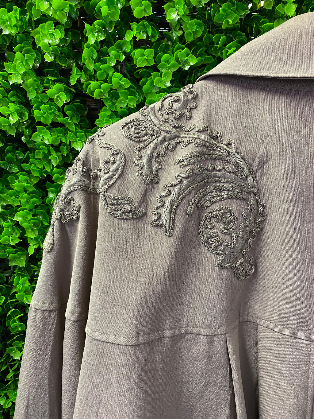 Taupe Embroidered Wool-Blend Coat