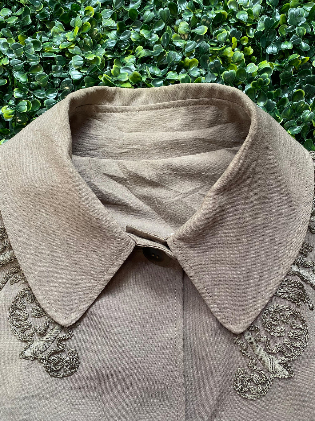 Taupe Embroidered Wool-Blend Coat