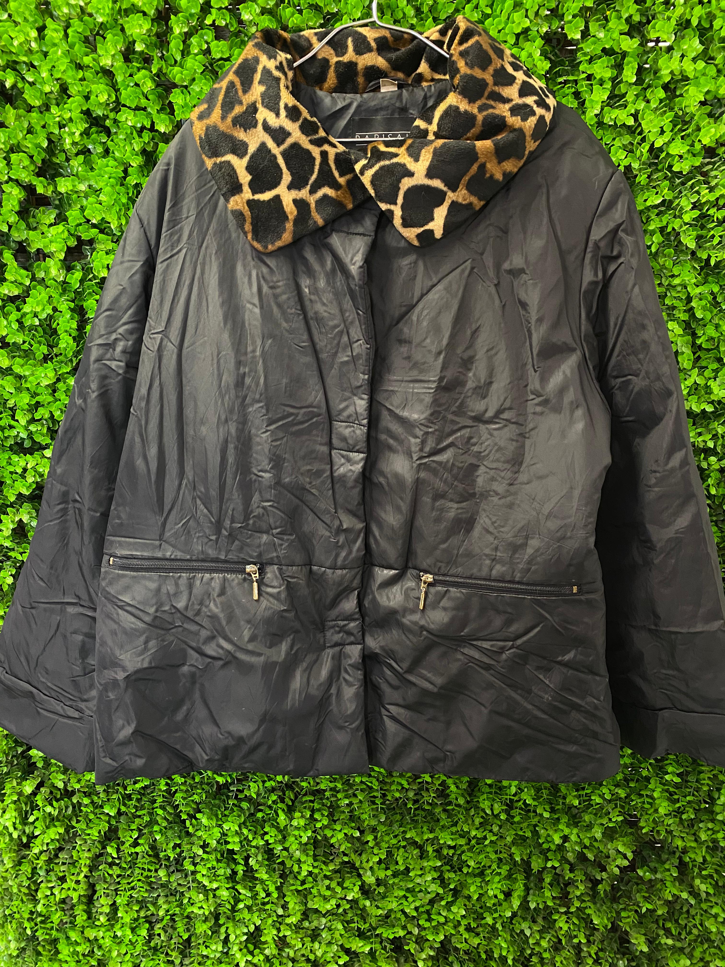Barisal Black Jacket with Animal-Print Faux Fur Collar