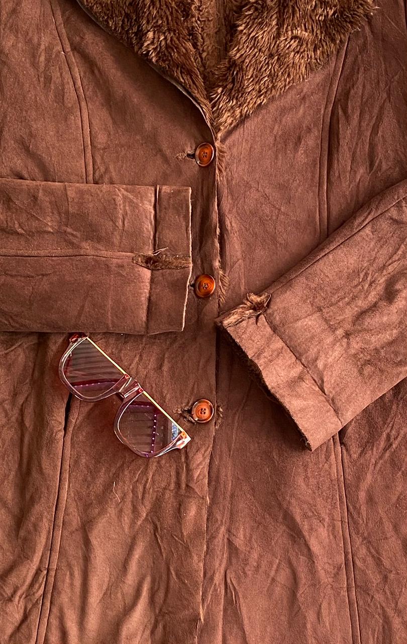 Biye Brown Faux Suede Faux Fur Collar Coat