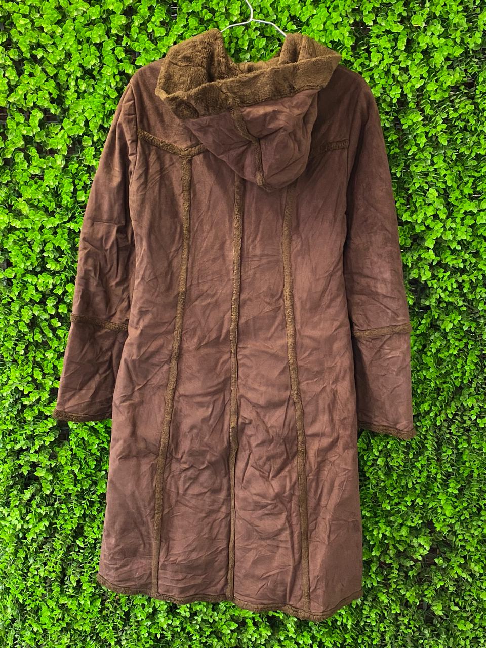 Brown Hooded Faux Suede & Faux Fur Trim Coat