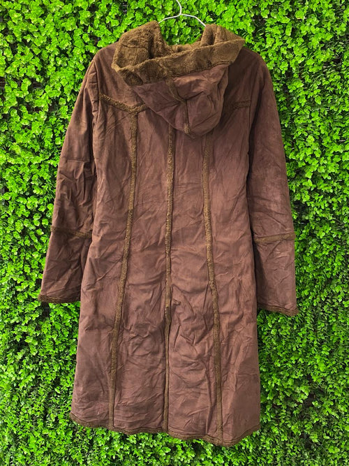 Brown Hooded Faux Suede & Faux Fur Trim Coat