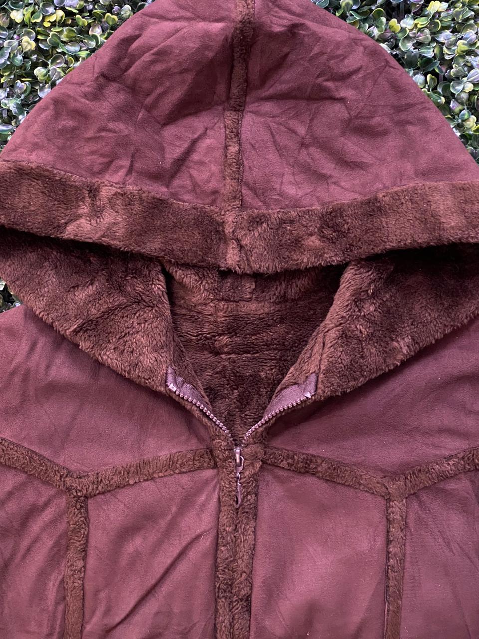 Brown Hooded Faux Suede & Faux Fur Trim Coat