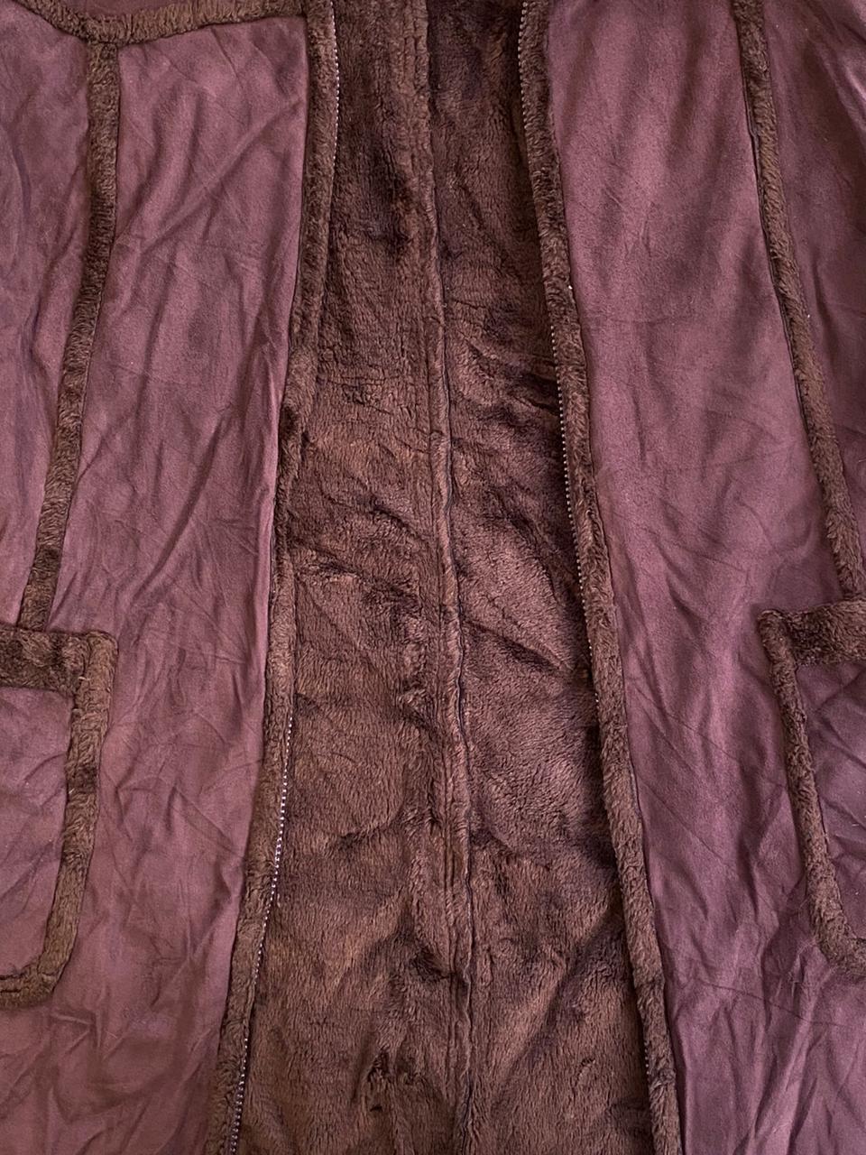 Brown Hooded Faux Suede & Faux Fur Trim Coat