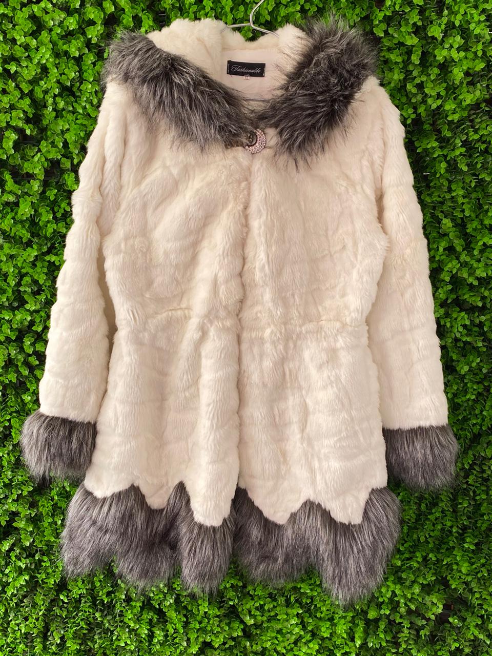 Fashionable Cream & Grey Faux Fur Hooded Coat