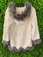 Fashionable Cream & Grey Faux Fur Hooded Coat