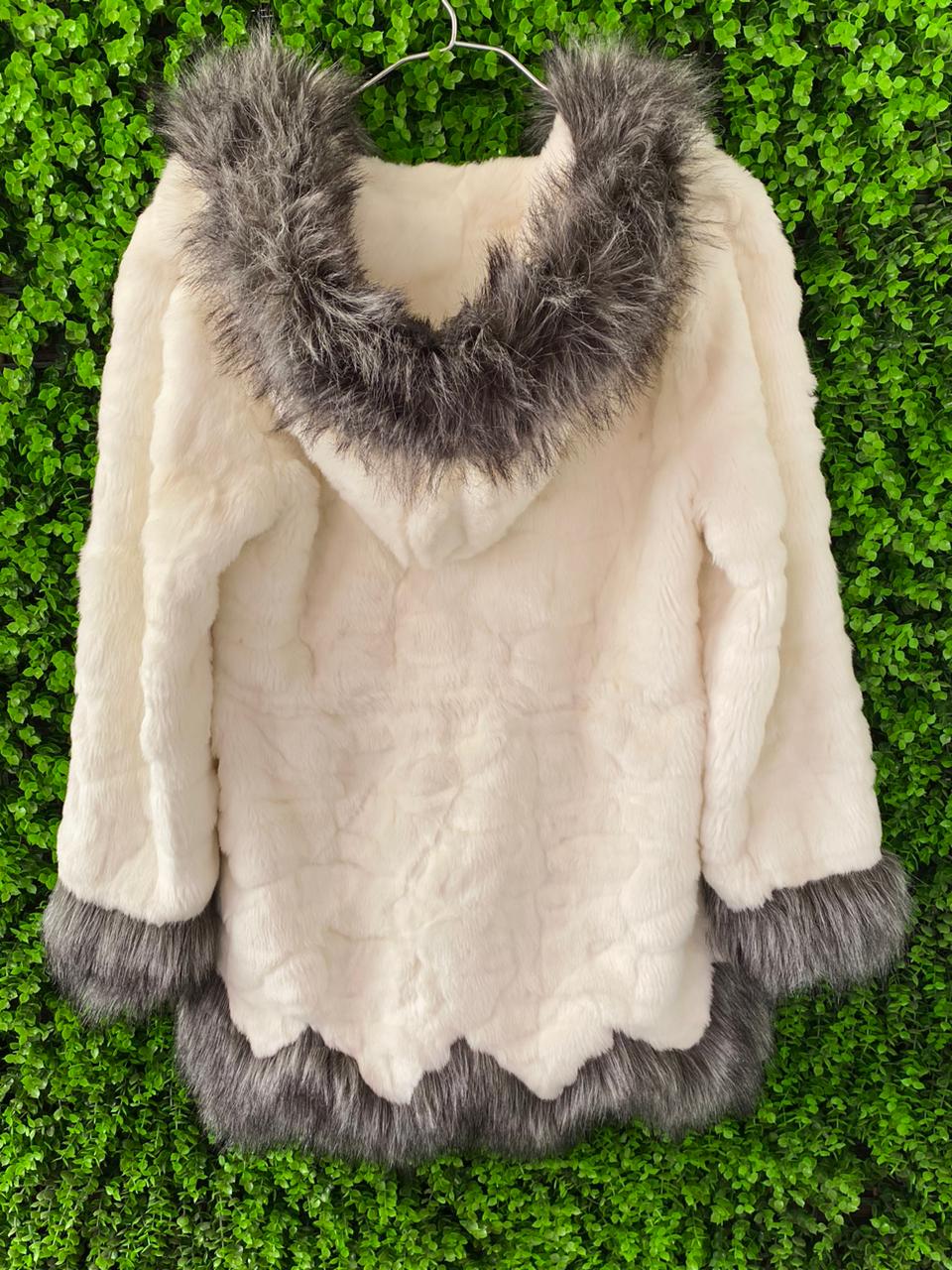 Fashionable Cream & Grey Faux Fur Hooded Coat