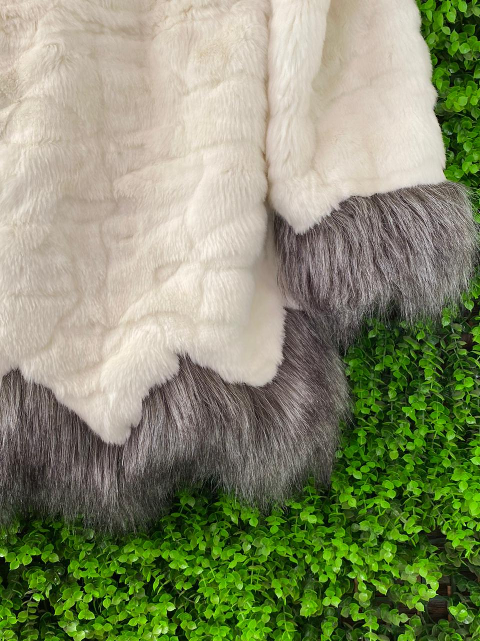 Fashionable Cream & Grey Faux Fur Hooded Coat