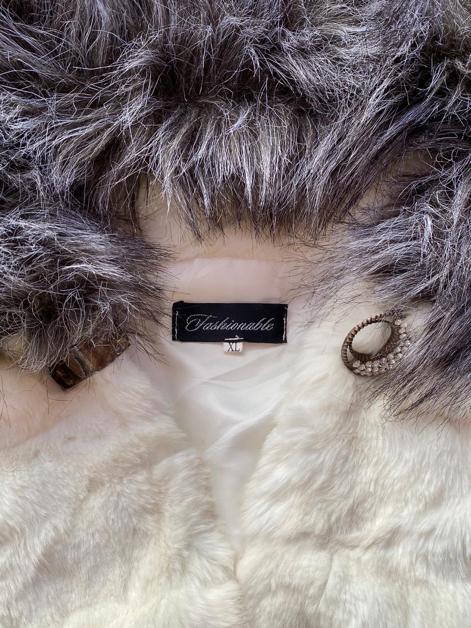 Fashionable Cream & Grey Faux Fur Hooded Coat
