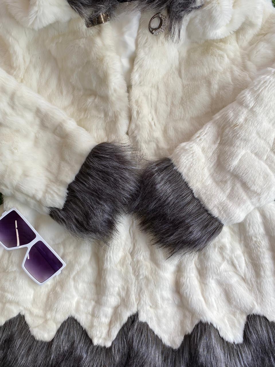 Fashionable Cream & Grey Faux Fur Hooded Coat
