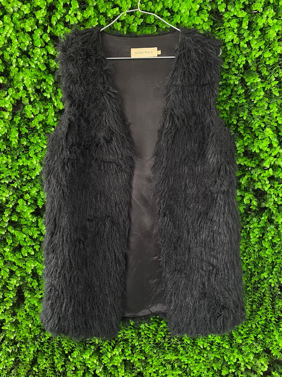 Honey Peach Black Faux Fur Longline Vest
