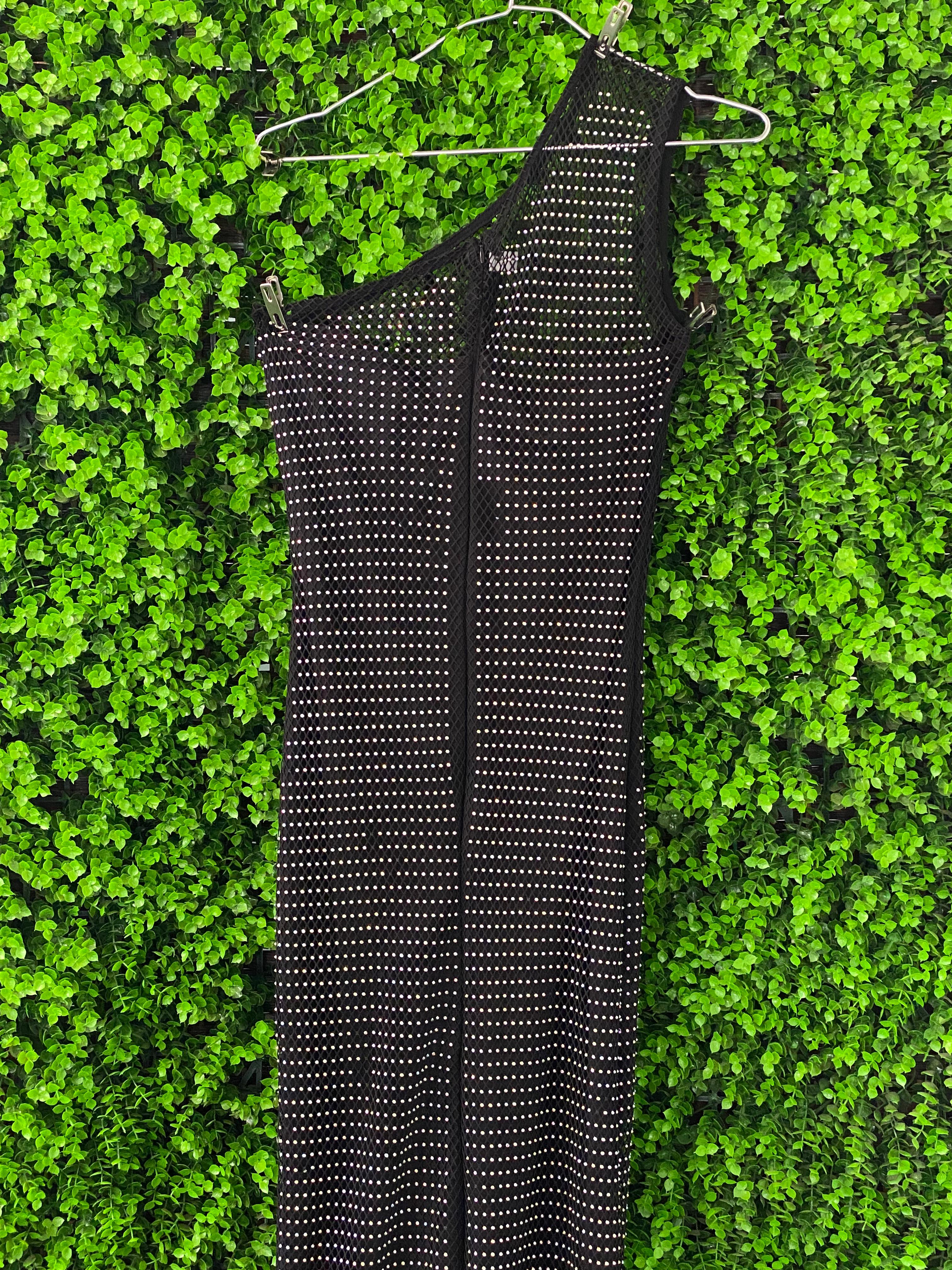 Black Rhinestone Mesh One-Shoulder Maxi Dress