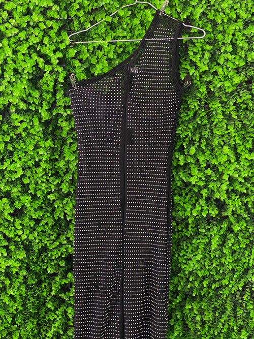 Black Rhinestone Mesh One-Shoulder Maxi Dress
