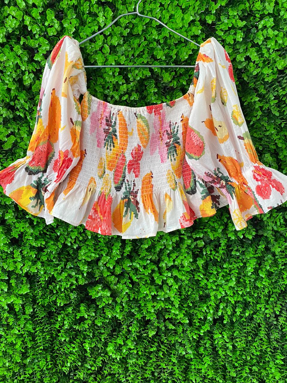 Old Khaki Floral Shirred Crop Top