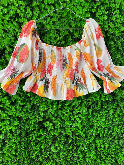 Old Khaki Floral Shirred Crop Top