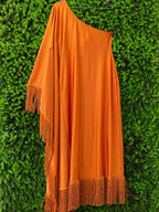 Rust Orange One-Shoulder Fringe Dress