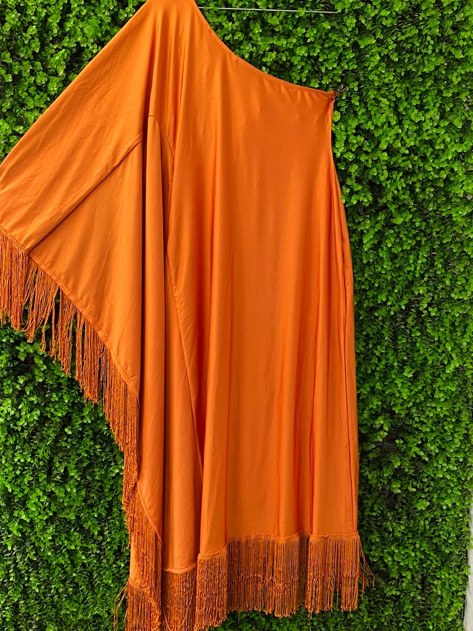 Rust Orange One-Shoulder Fringe Dress