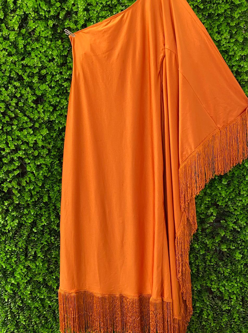 Rust Orange One-Shoulder Fringe Dress