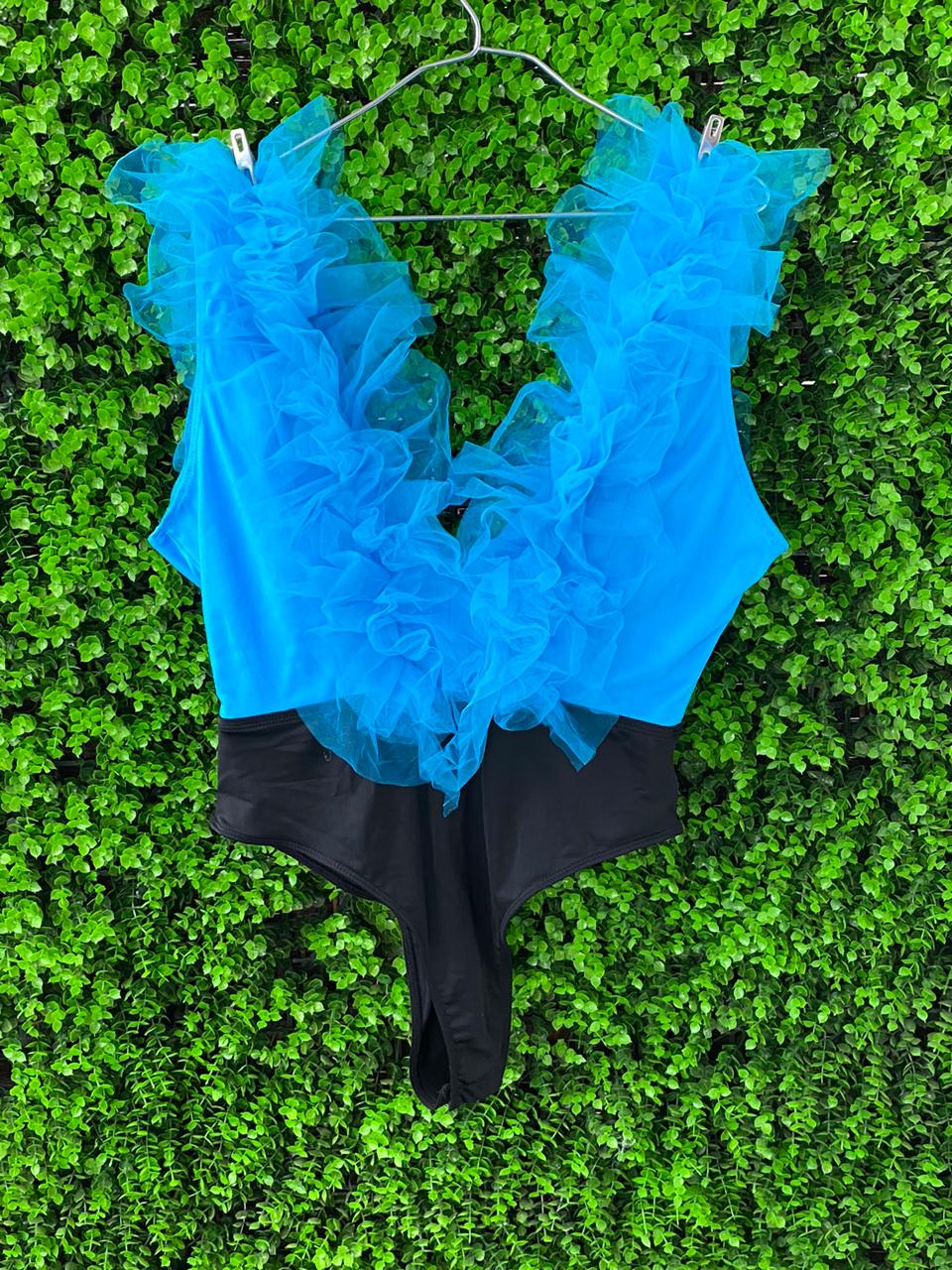 Blue Ruffle Plunge Bodysuit