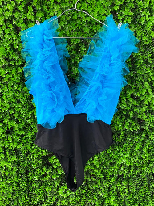 Blue Ruffle Plunge Bodysuit